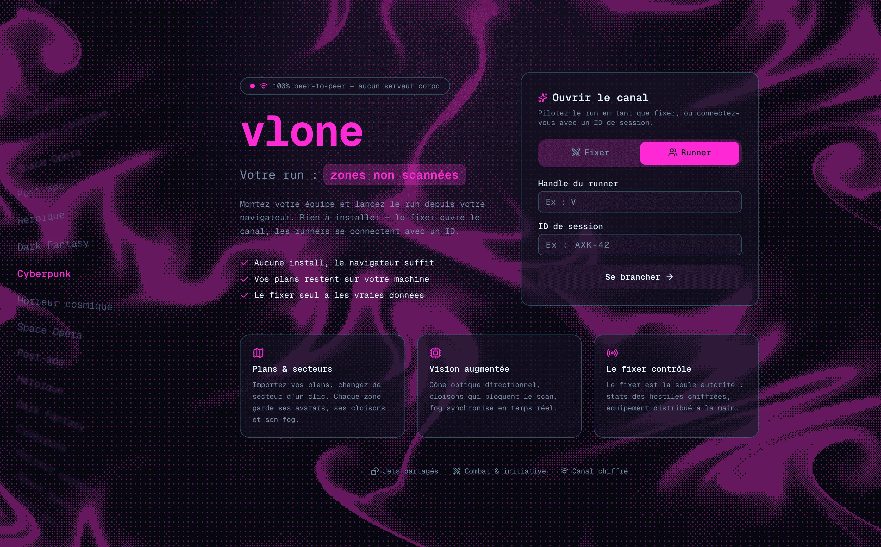 Aperçu du projet vlone, table de jeu de rôle en ligne